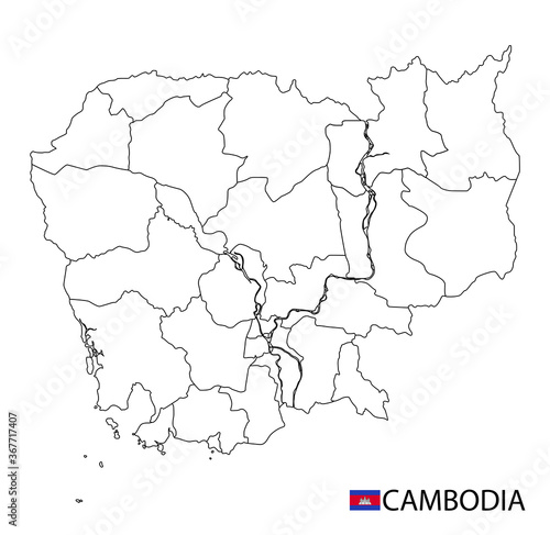 Wallpaper Mural Cambodia map, black and white detailed outline regions of the country. Torontodigital.ca