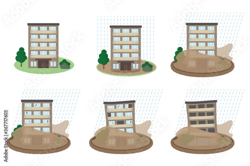 浸水の被害に遭うマンションのベクターイラストセット