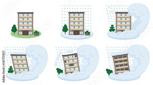 雪崩の被害に遭うマンションのベクターイラストセット