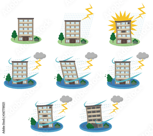 雷雨の被害に遭うマンションのベクターイラスト