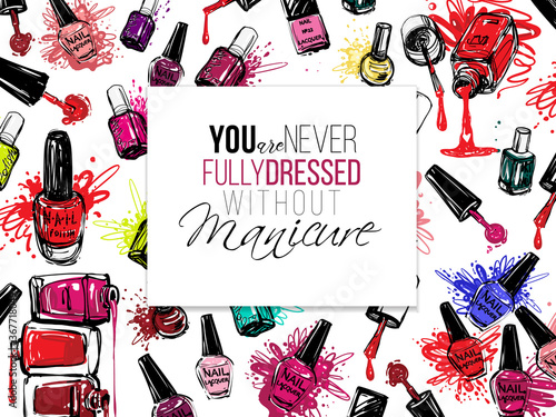 Nail polish flyer backdrop design. Vector fashion sketch. Manicure salon watercolor illustration poster or logo. Red, pink, purple, liquid lacquer colors.  Isolated on white background