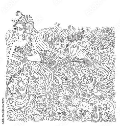 Vector nautical contour thin line illustration. Mermaid, sea island, waves, fish, pearl shell, octopus. Black and white Hand drawn abstract sketch artwork. Adults coloring book page