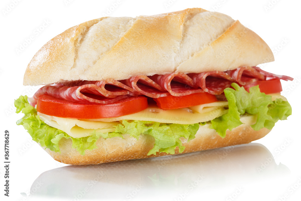 Sub sandwich with salami ham and cheese isolated on white Sub sandwich with salami ham and cheese isolated on white