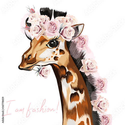 Fashion vector illustration with giraffe and roses. I am style