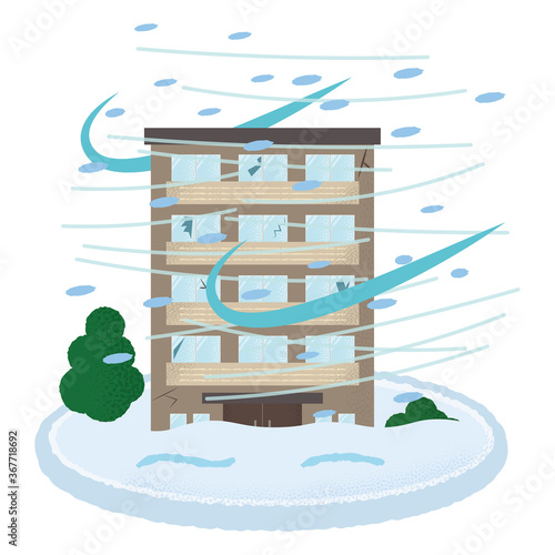 吹雪の被害に遭うマンションのベクターイラスト
