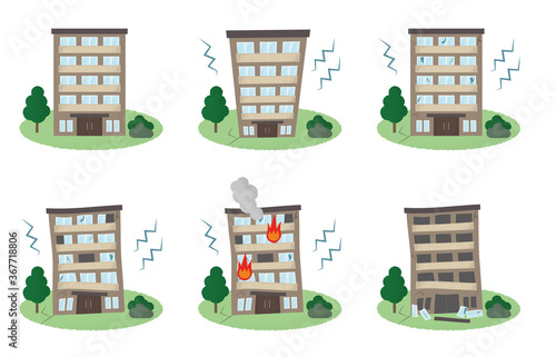 地震の被害に遭うマンションのベクターイラストセット