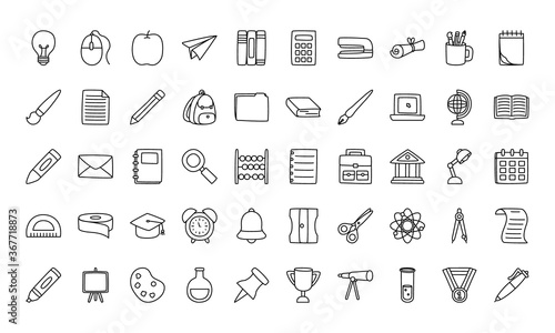 school supplies icon set, line style