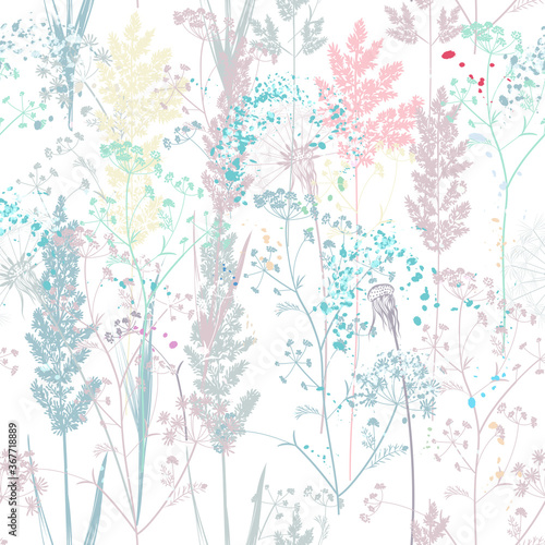 Floral rustic vector seamless pattern with colorful pastel plants for design