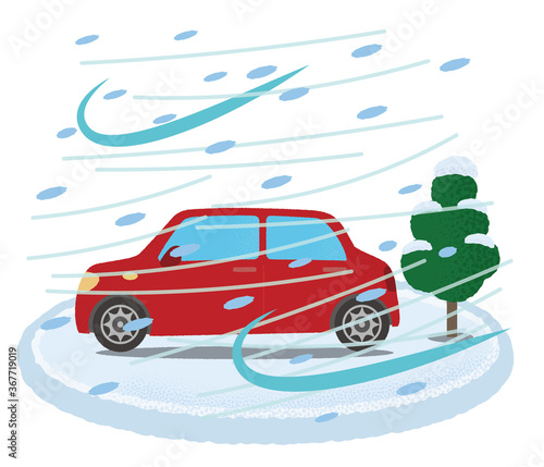吹雪に遭う自動車のベクターイラスト