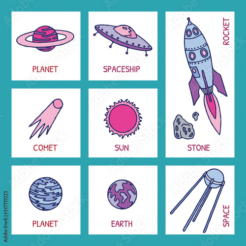 Set of galaxy cosmic elements astronaut, earth, satellite, comet, planet, sun, rocket and meteorite univerce vector cartoon illustration space cosmos photo