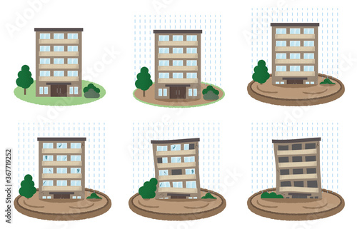 浸水の被害に遭うマンションのベクターイラストセット