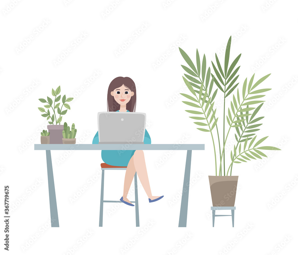 Office workplace with woman, table, notebooks and plants - urban office. Office workplace with woman, table, notebooks and plants - urban office.