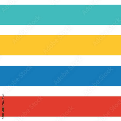 Vector horizontal striped summer colors seamless pattern background. Blue, orange, red wide stripes on white backdrop. Simple geometric design. Great for wellness, summer, beach products, packaging.