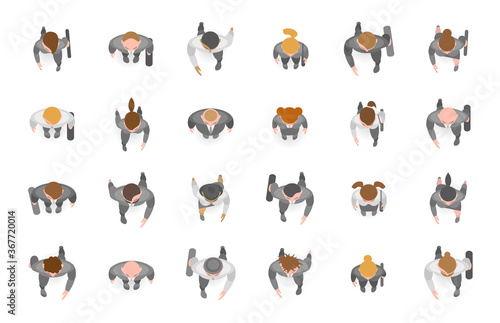 Vector set. Businessmen and businesswoman. Top view. A collection of different professionals. View from above.