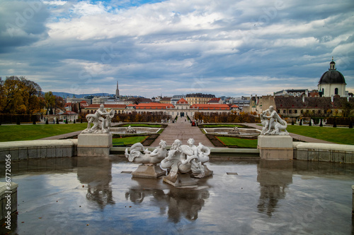 Fountain with ancient sculptures in baroque style before Schloss Belvedere in Vienne.