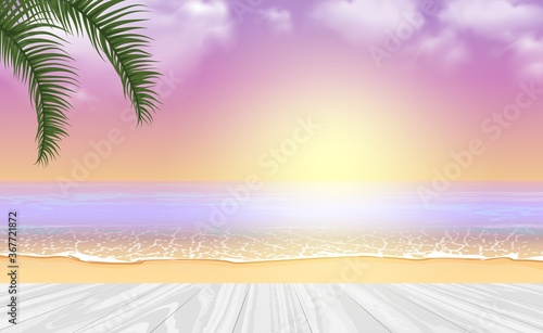 Fototapeta Naklejka Na Ścianę i Meble -  Vector tropical sunset seascape background mockup with wooden table and palm branches