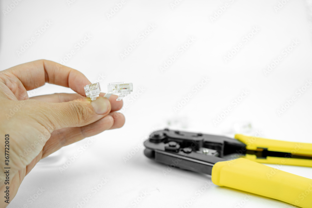 internet or telephone line cables and crimper, Twisting Cable Tool Twisted Pair Ethernet UTP Cat 5, Crimping RJ45 LAN cable, Stepping to crimping RJ45 connector internet or telephone line cables and crimper, Twisting Cable Tool Twisted Pair Ethernet UTP Cat 5, Crimping RJ45 LAN cable, Stepping to crimping RJ45 connector