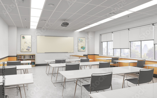 Modern classroom with white floor. High school. 3d illustration