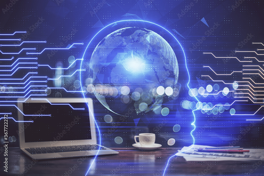 Multi exposure of work table with computer and brain hologram. Brainstorm concept. Multi exposure of work table with computer and brain hologram. Brainstorm concept.