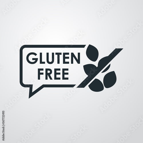 Logotipo texto Gluten Free en globo de habla con granos de trigo en fondo gris