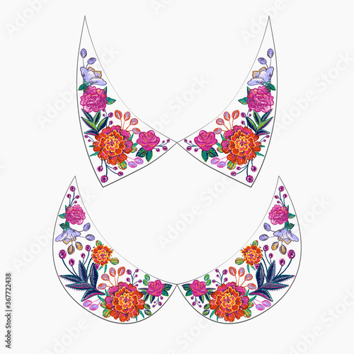 Embroidery flower collar and neck line patch for t-shirt design. Floral print for textile and fabric vintage tribal illustration isolated on white background
