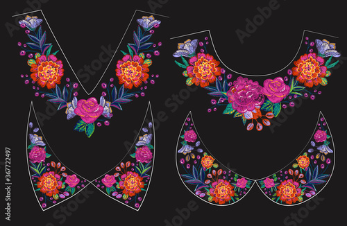 Embroidery flower collars v-neck and round neck line patch for t-shirt design. Floral print for textile and fabric vintage tribal illustration isolated on black background