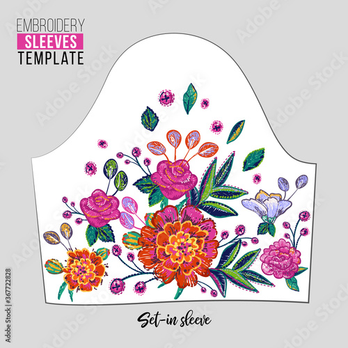Embroidery flower set-in sleeve neck line patch for t-shirt design. Floral print for textile and fabric vintage tribal illustration isolated on white background
