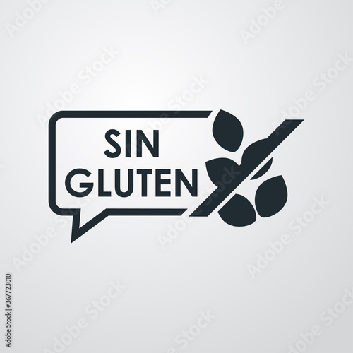 Logotipo texto Sin Gluten en globo de habla con granos de trigo en fondo gris