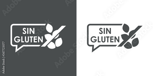 Logotipo texto Sin Gluten en globo de habla con granos de trigo en fondo gris y fondo blanco