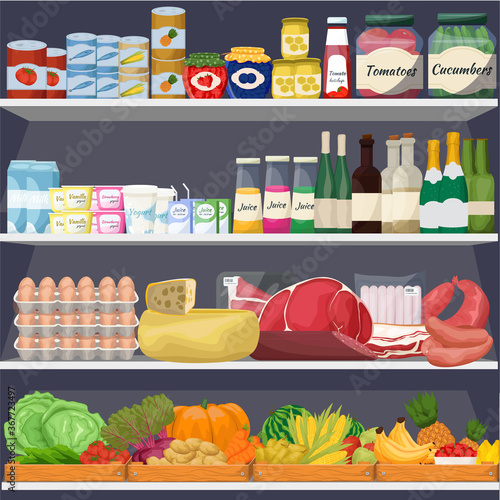 Supermarket, shelves with various food