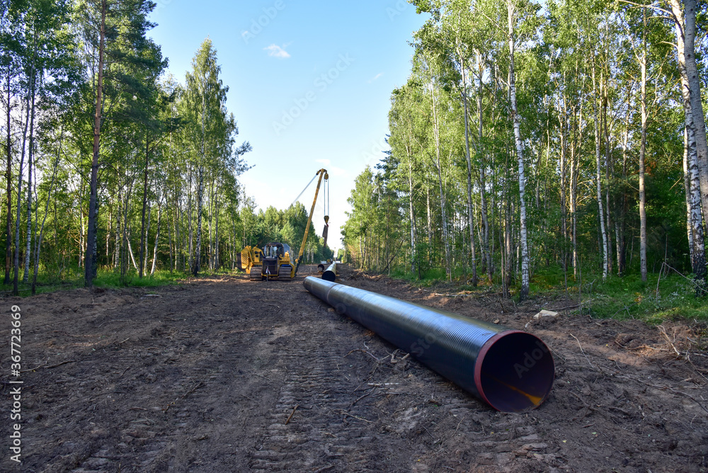 Natural gas pipeline construction work in forest area. Crawler crane with side boom Pipelayer Installation of gas and crude oil pipes in ground. Construct of the gas pipes to new LNG plant Natural gas pipeline construction work in forest area. Crawler crane with side boom Pipelayer Installation of gas and crude oil pipes in ground. Construct of the gas pipes to new LNG plant