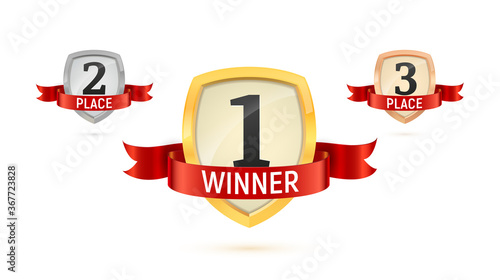 1, 2, 3 winner place isolated vector badges set. Collection of Win golden numbers on a shield with red ribbon isolated icons on white background
