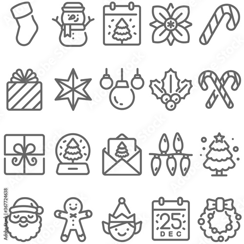 Christmas icon set vector illustration. Contains such icon as Santa claus, Elf, Snow ball, xmas tree, Snow man, Christmas flower and more. Expanded Stroke