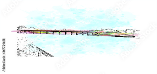 Building view with landmark of Ahmedabad, in western India, is the largest city in the state of Gujarat. Watercolor splash with hand drawn sketch illustration in vector.