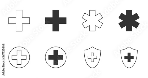 Icons medical cross, emergence, protection. Editable stroke. Hospital pharmacy ambulance pictogram symbols