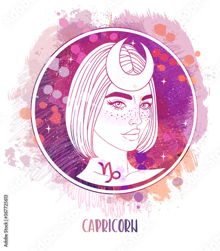 Watercolor drawing of Capricorn astrological sign as a beautiful girl over paining. Zodiac vector illustration isolated on white. Future telling, horoscope, alchemy, fashion woman.