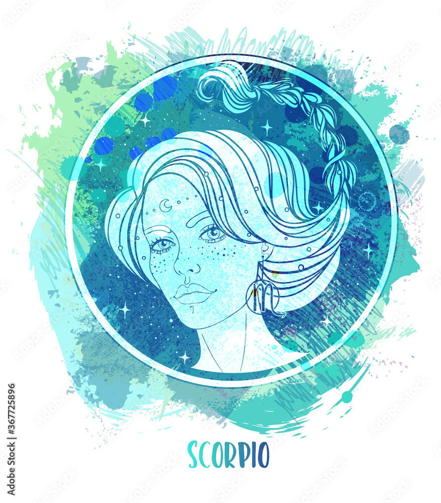 Watercolor drawing of Scorpio astrological sign as a beautiful girl over paining. Zodiac vector illustration isolated on white. Future telling, horoscope, alchemy, fashion woman.