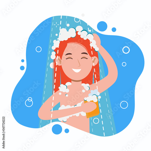 Young woman taking shower in bathroom. Washes head, hair and body with shampoo and soap. Flat cartoon vector illustration isolated on white background.