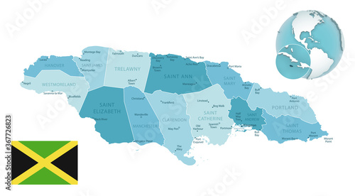 Jamaica administrative blue-green map with country flag and location on a globe.