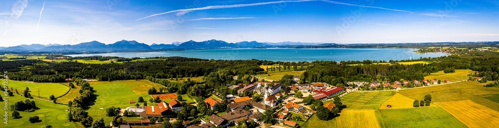 Lake Chiemsee Ising Bavaria. Aerial Panorama. Landscape. Agriculture Fields