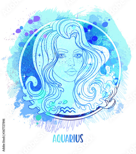 Watercolor drawing of Aquarius astrological sign as a beautiful girl over pai...