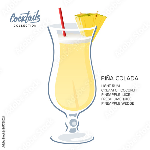 Pina Colada cocktail drink glass straw pineapple illustration