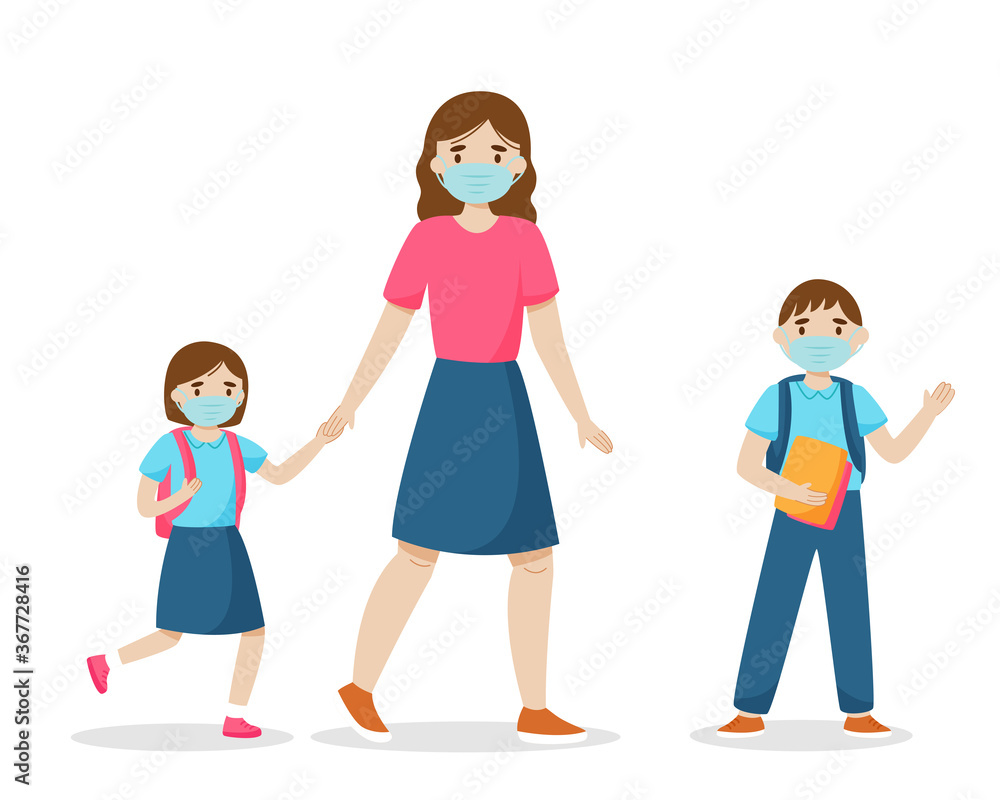Mother and children go to school wearing sanitary masks. Vector illustration.