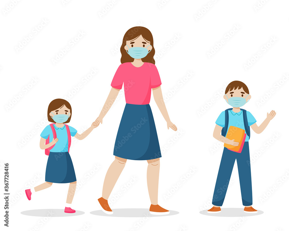 Mother and children go to school wearing sanitary masks. Vector illustration. Mother and children go to school wearing sanitary masks. Vector illustration.