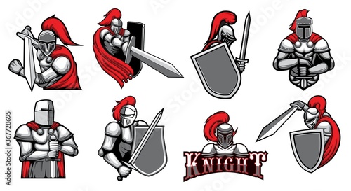 Knight warrior with helmet, shield and Medieval armor with sword, vector heraldic icons. Spartan knight or gladiator and royal warrior in paladin and red plume helmet, mascot emblems and heraldry