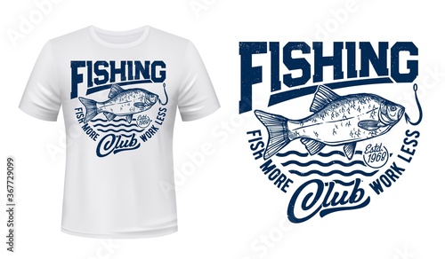 Crucian fish t-shirt print mockup, fishing club and sea waves, vector blue grunge design. River crucian carp on hook icon, fisher sport club sign, big fish catch fishing for t shirt print