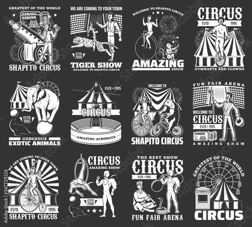 Circus icons in monochrome, funfair carnival vintage, vector, fair park tent marquee. Retro big top circus magic show acrobats, clowns and animals, jugglers and acrobats, bullet man and elephant