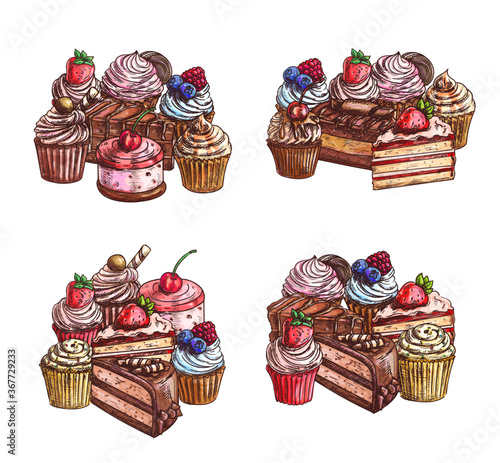 Cakes and desserts sketch, sweet chocolate cupcakes and bakery pastry, vector. Hand drawn patisserie sweet dessert cakes, cheesecake, tiramisu, brownie and chocolate cupcake muffins with strawberry