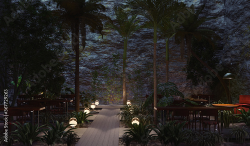 3d rendering concept scene with restaurant built in natural cave with plants. Open source Blender app project
