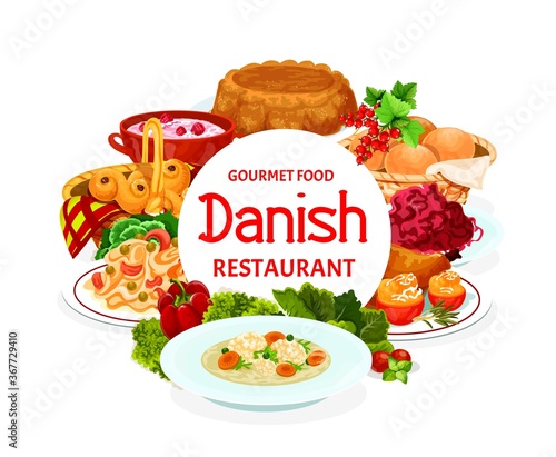 Danish food cuisine buffet meals, menu dishes, vector traditional Scandinavian dinner and lunch. Danish chicken, apple casserole pastry, sweet cereals with raspberries cabbage and vermicelli salad